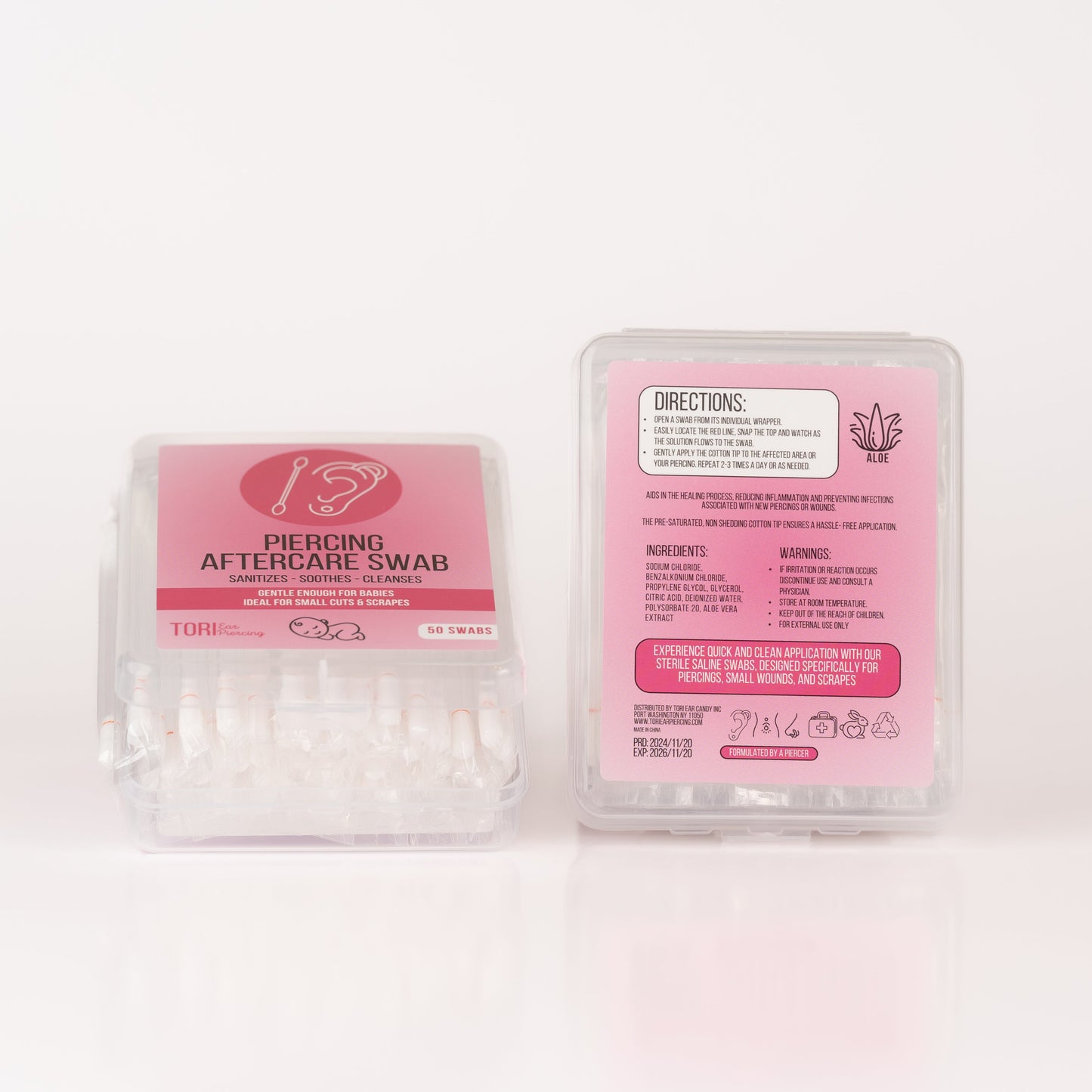 Hisopos de algodón con solución salina para perforación de orejas Tori