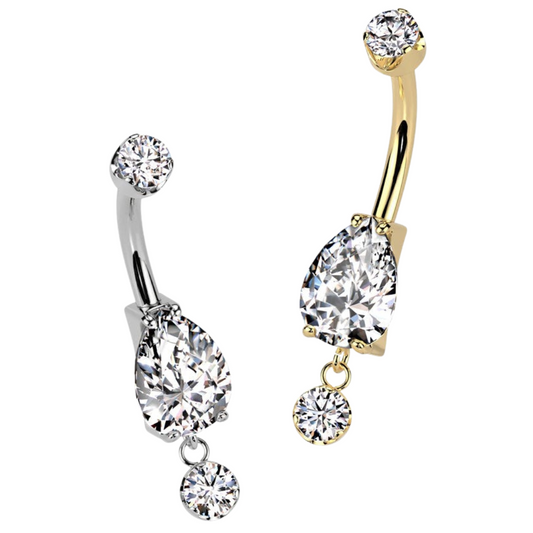 Titanium Navel Jewelry – Top Prong-Set CZ, Bottom Pear-Cut CZ with Clear CZ Charm Drop | 14G, 10.6mm Bar