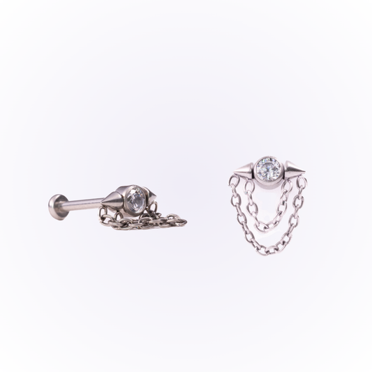 Ares – Chain &amp; Spike Cubic Zirconia Threadless Flat Back Stud