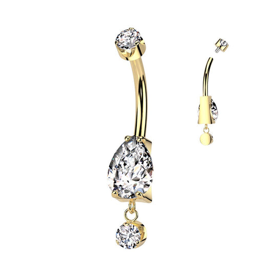 Titanium Navel Jewelry – Top Prong-Set CZ, Bottom Pear-Cut CZ with Clear CZ Charm Drop | 14G, 10.6mm Bar