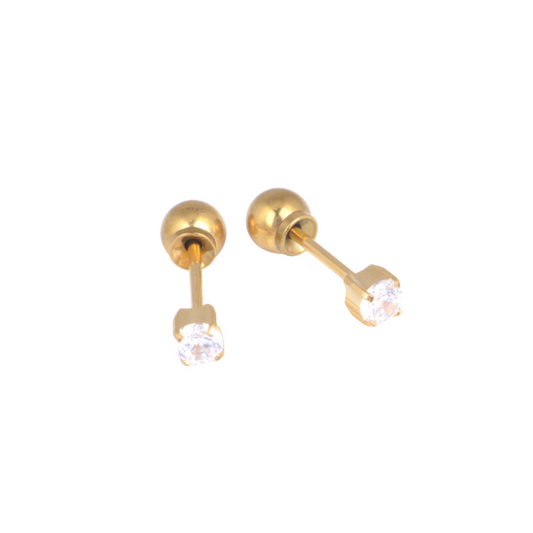 3mm Prong Set Clear Cubic Zirconia Yellow Gold Stud