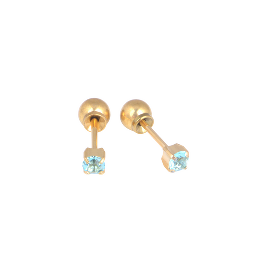 3mm Prong Set March Aquamarine Yellow Gold Stud