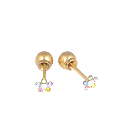 4mm Rainbow Cubic Zirconia Daisy Yellow Gold Stud