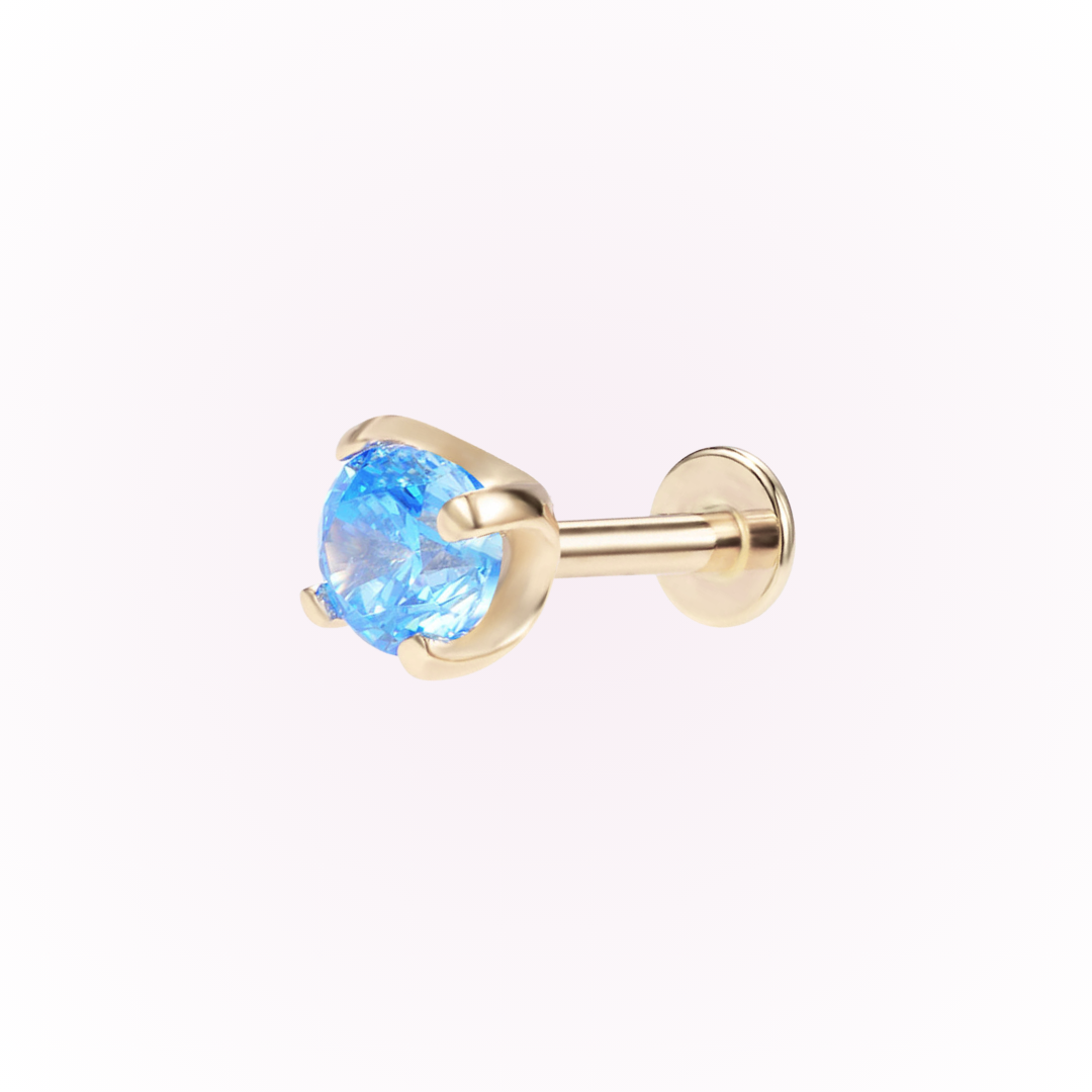 March – Aquamarine Prong Set Threadless Flat Back Stud
