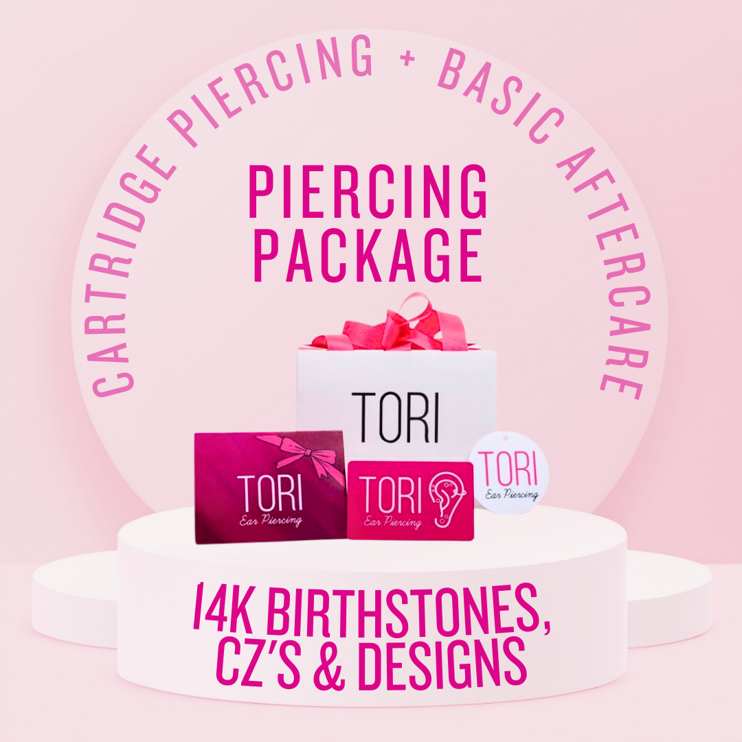 Cartridge Piercing + Basic Aftercare Package - 14k Birthstones, CZ's & Designs