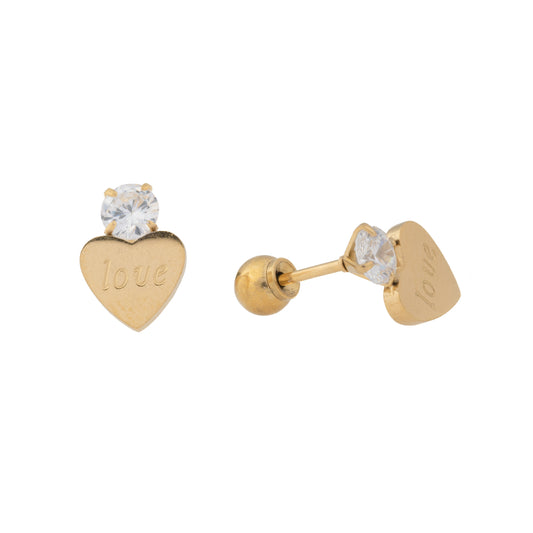Endless Love – Gold Plated Stainless Steel CZ & Engraved Heart Stud