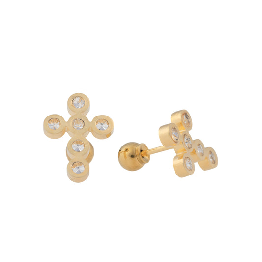 "Eternal Grace" – 13mm Gold-Plated Bezeled CZ Cross Stud