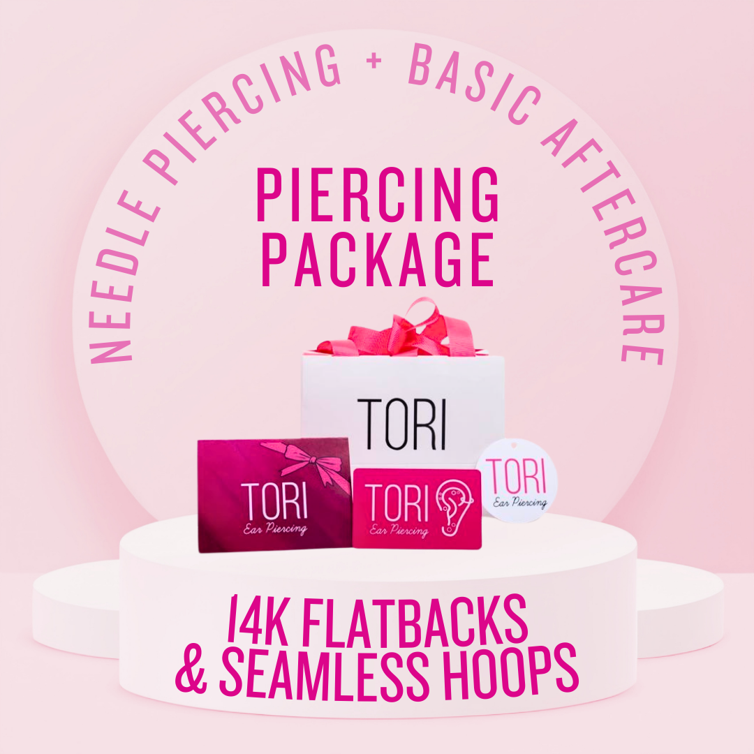 Needle Piercing + Basic Aftercare Package - 14k Gold Threadless Flatbacks and Seamless Hoops