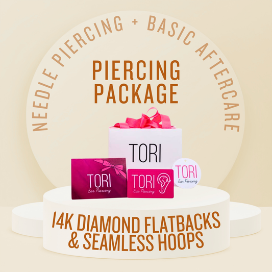 Needle Piercing + Basic Aftercare Package - 14k Diamond Studs & Hoops